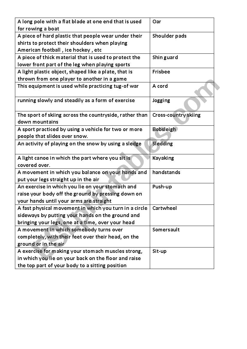 sport equipment worksheet