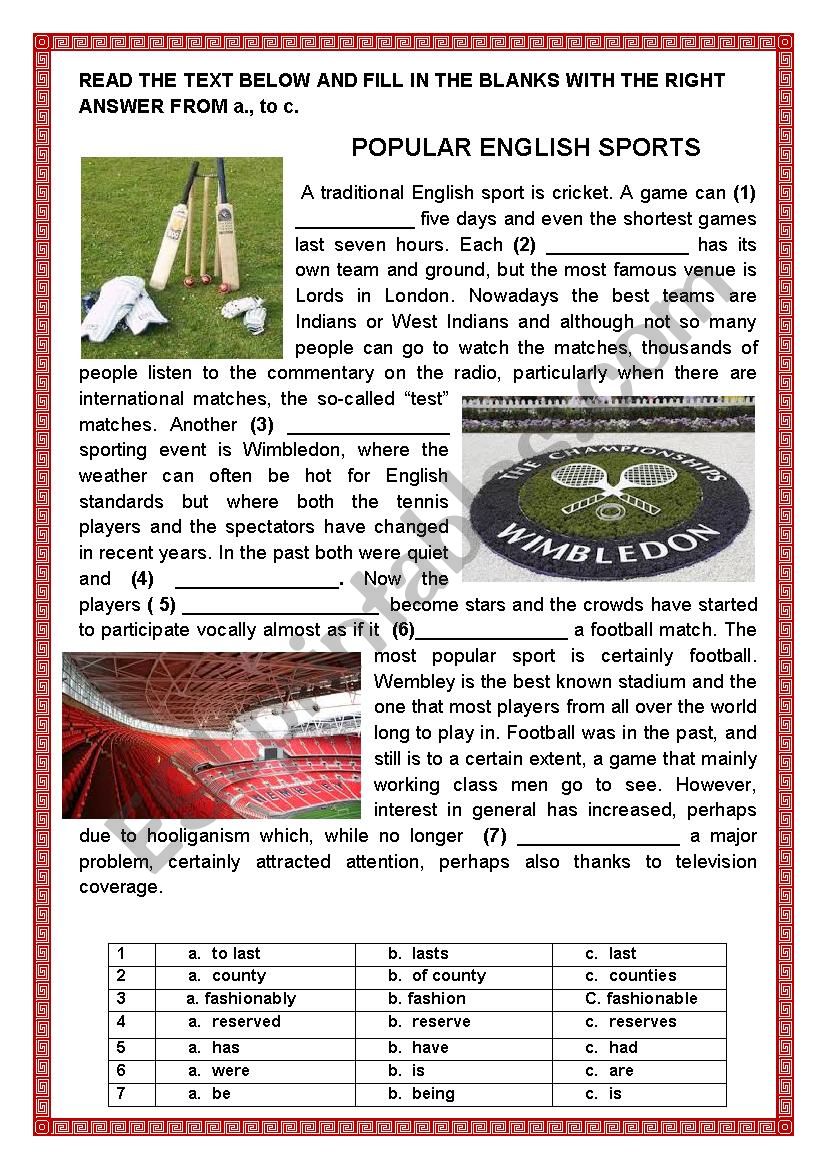 POPULAR ENGLISH SPORTS worksheet