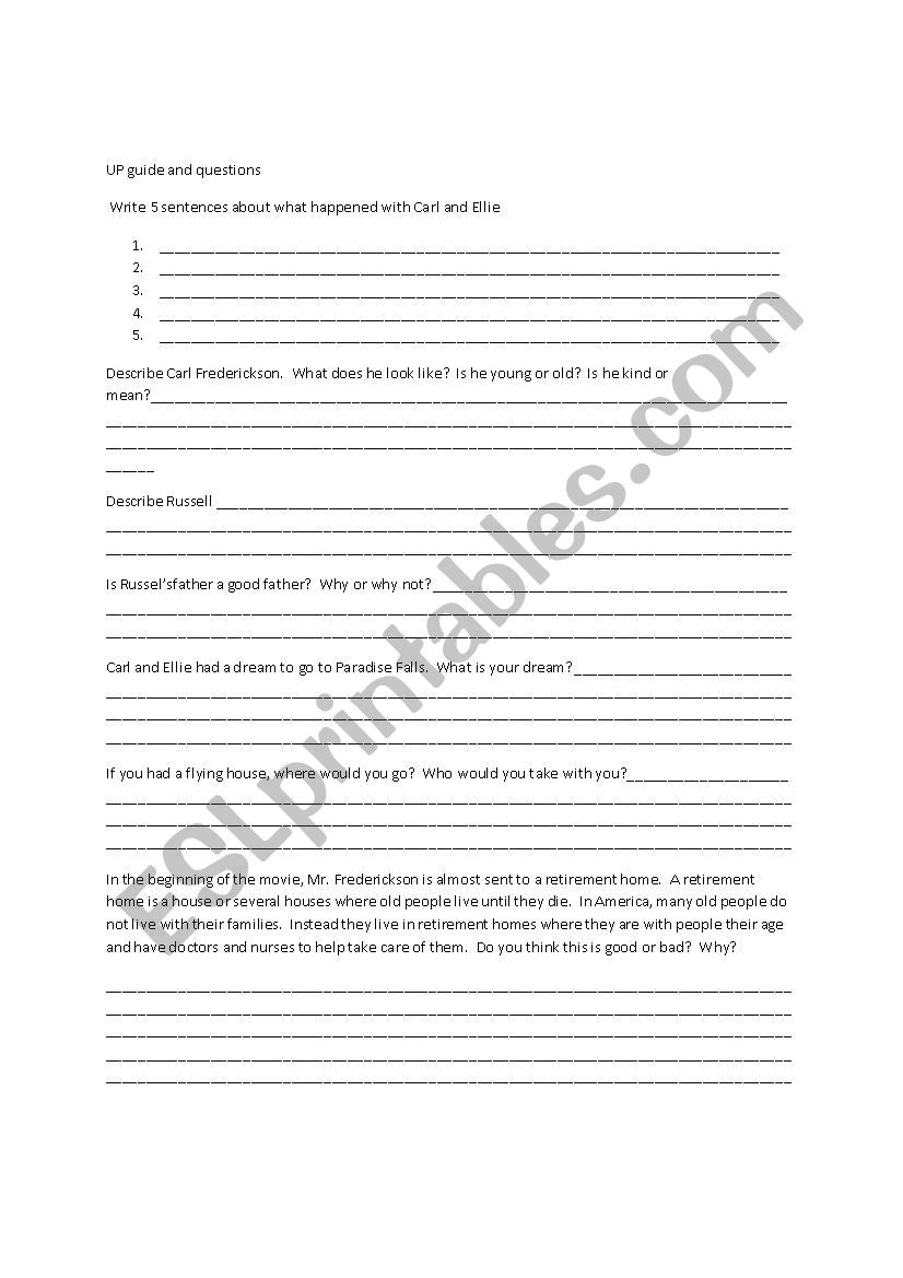 Up Movie Questions worksheet