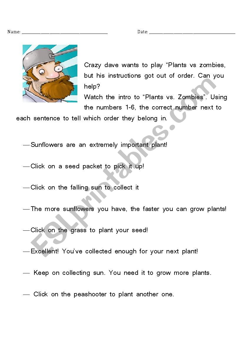 Plants Vs Zombies Ordering Worksheet