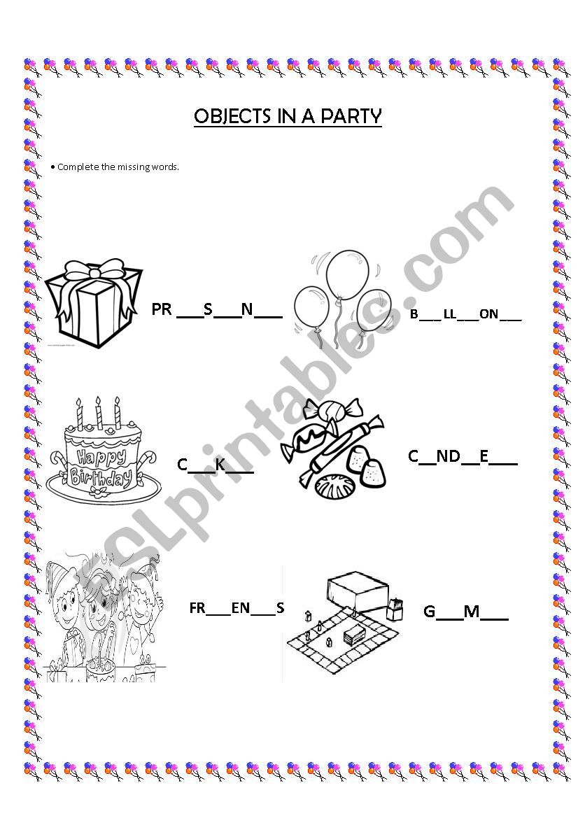 Objects in a party worksheet