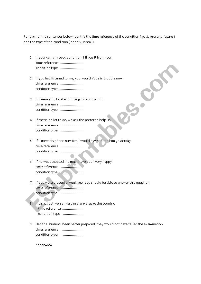 Real and Unreal Conditions worksheet