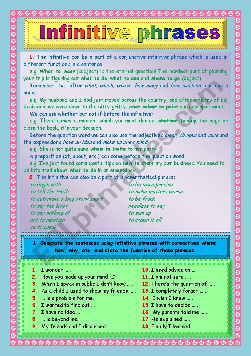 Infinitive Phrases ESL Worksheet By Natashenka