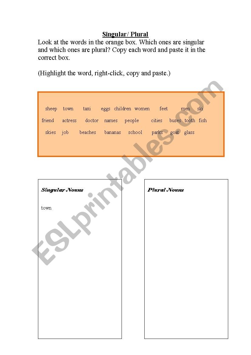 Singular, Plural worksheet