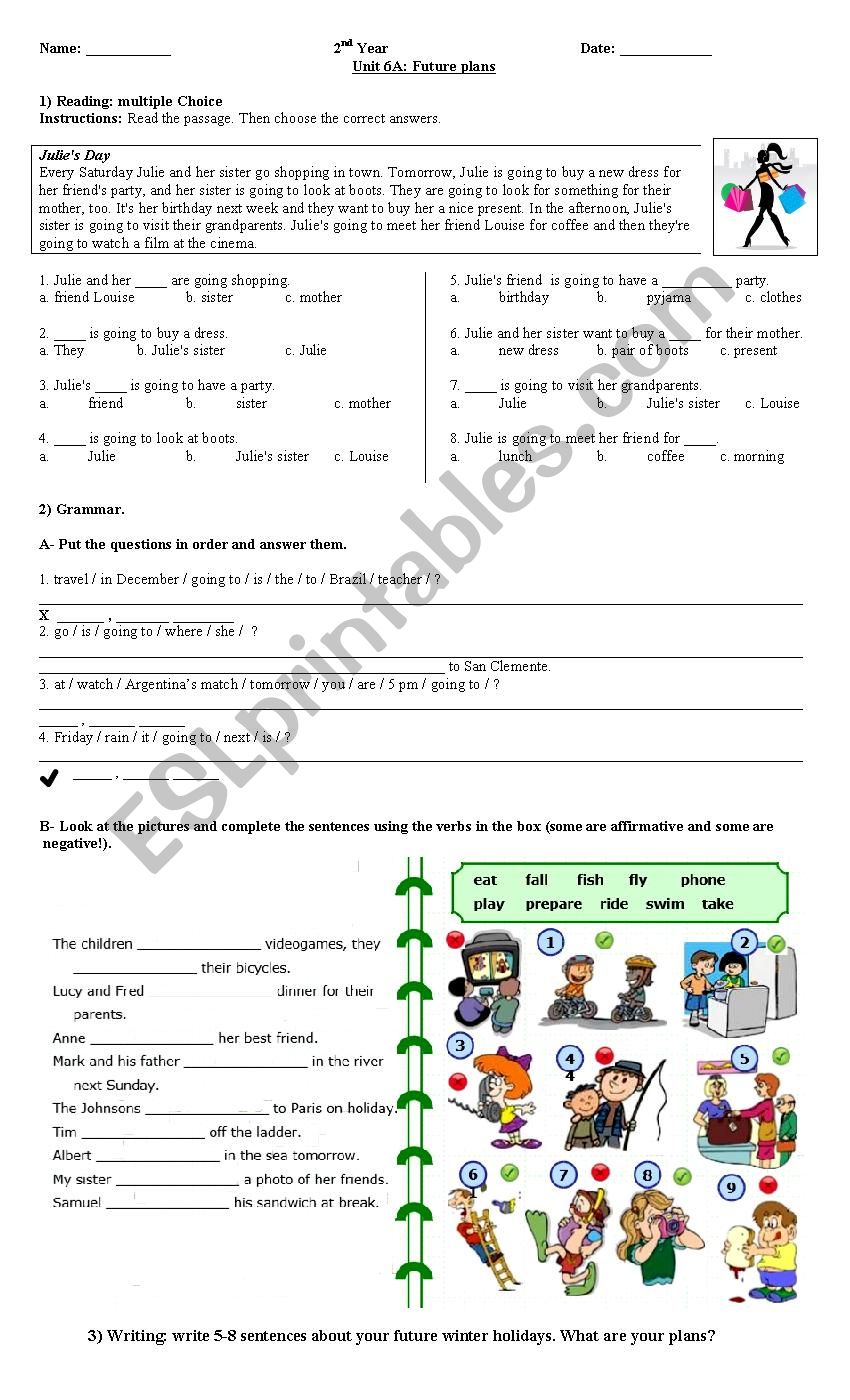 Elementary test: Future plans (going to). Reading, grammar and writing.