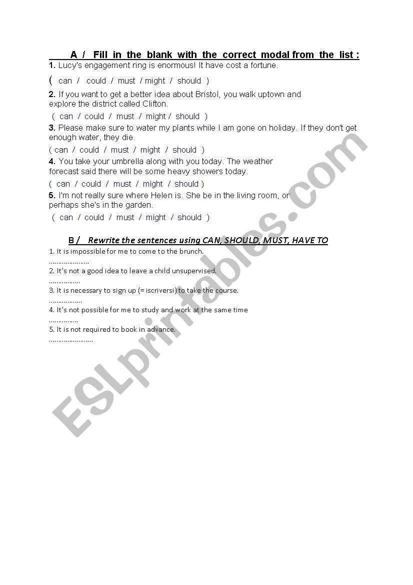 Modals worksheet