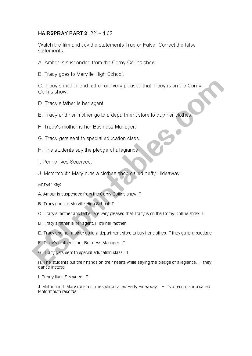 Hairspray comprehension worksheet