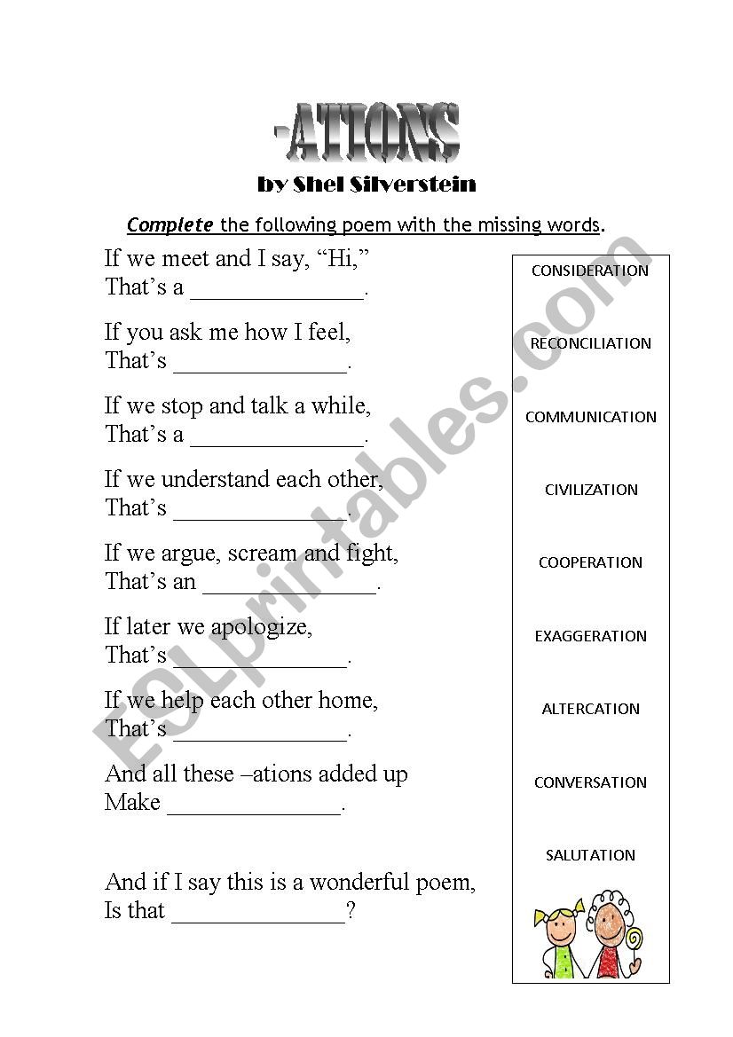SHEL SILVERSTEIN -ATIONS POEM gap filling with key answer