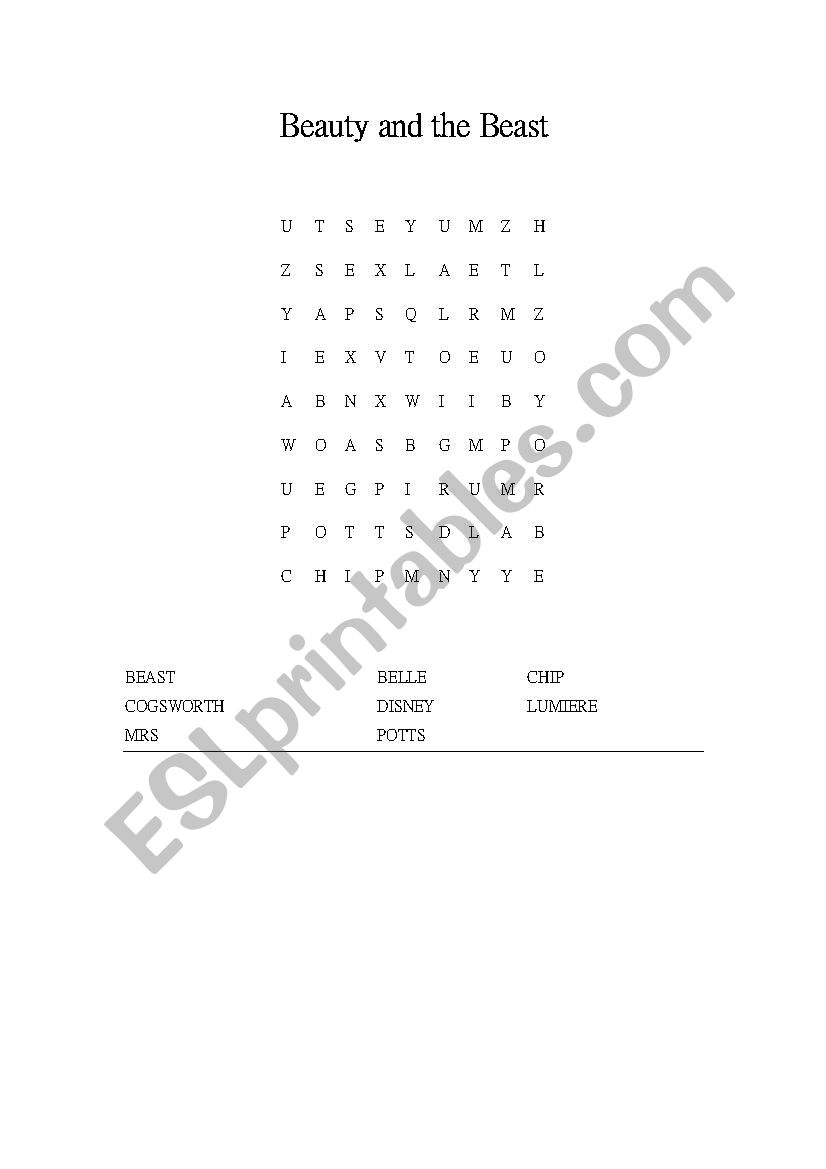 Beauty and the Beast wordsearch