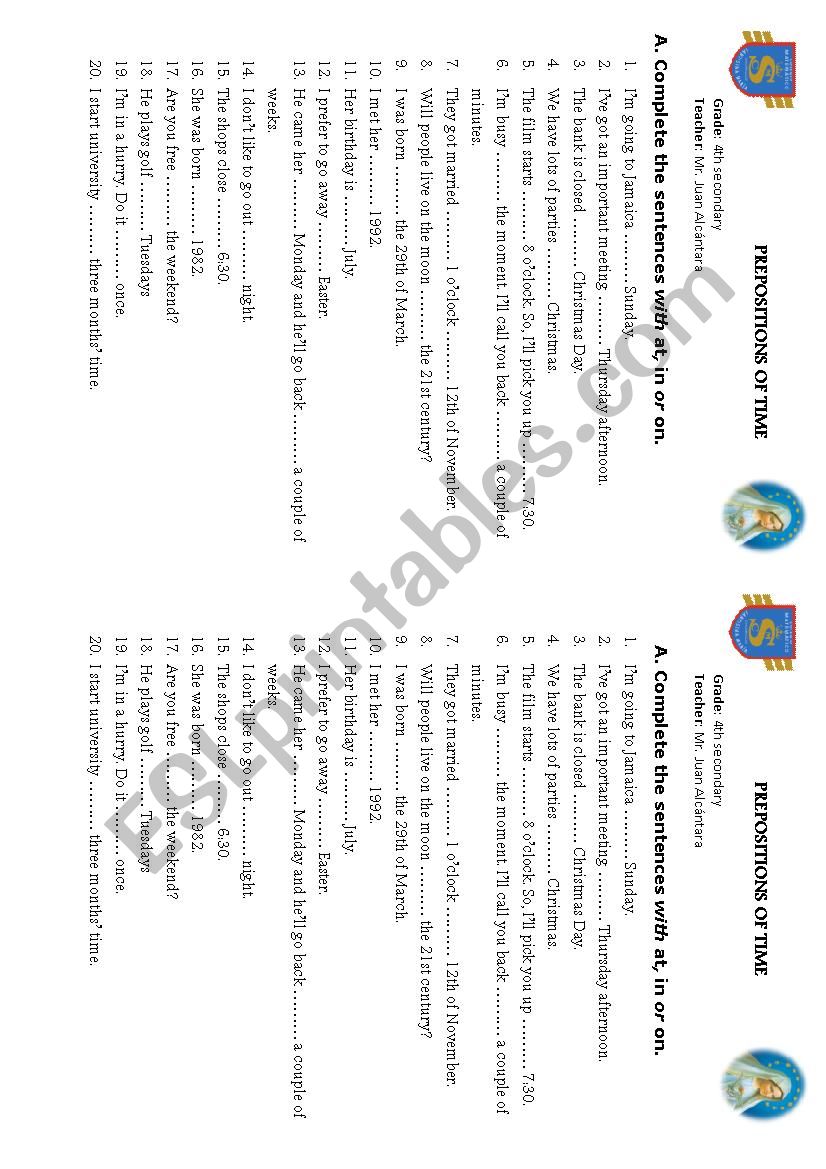 the prepositions of time worksheet