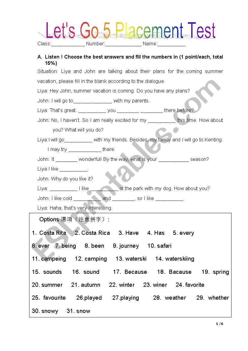 Exam Paper about countable/uncountable nouns, past tense, present perfect tense