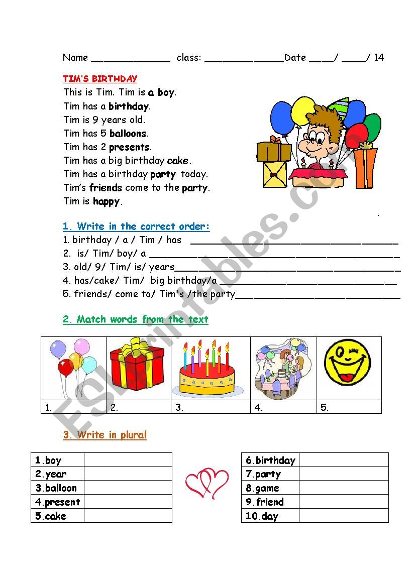 Tims Birthday worksheet