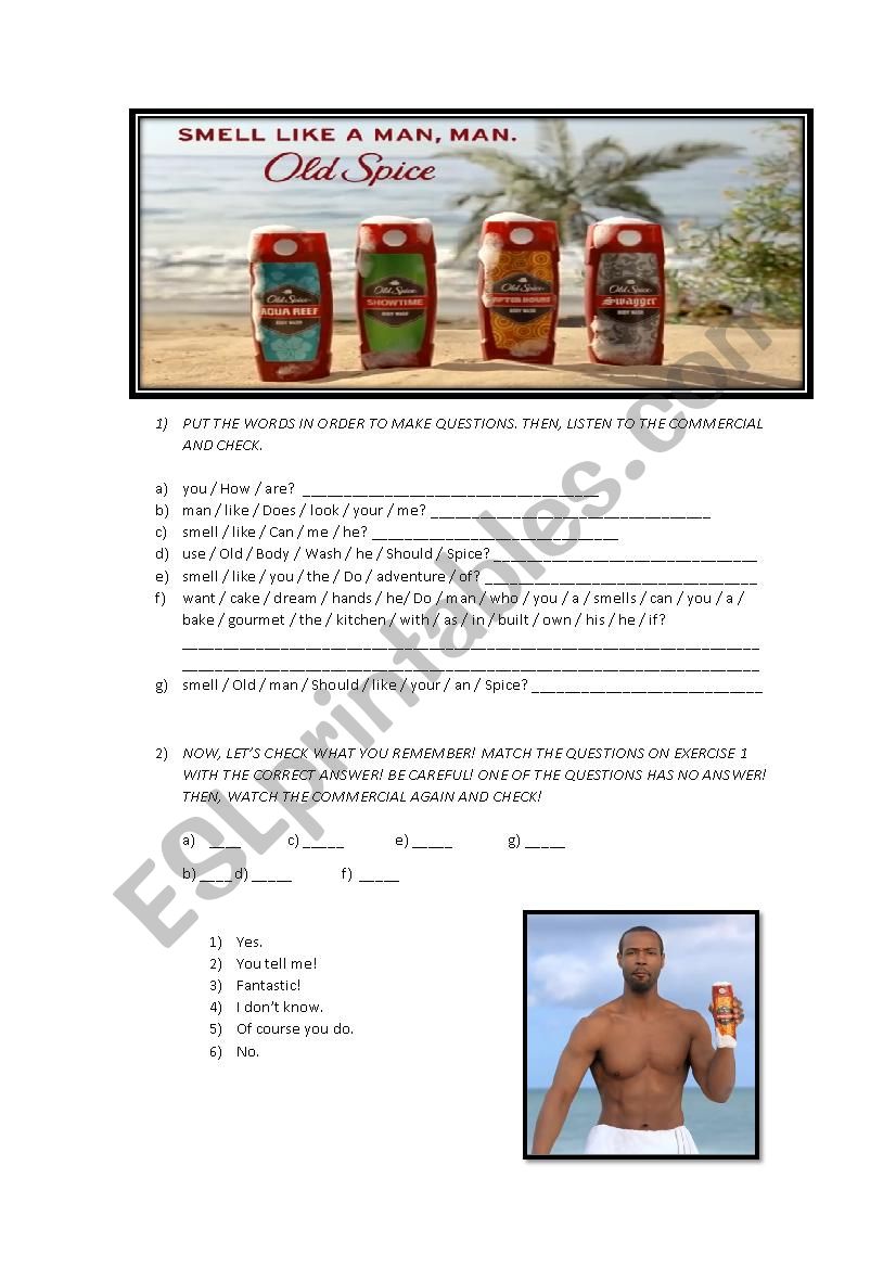 Old Spice commercial worksheet