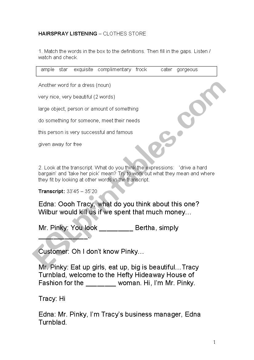 Hairspray listening worksheet