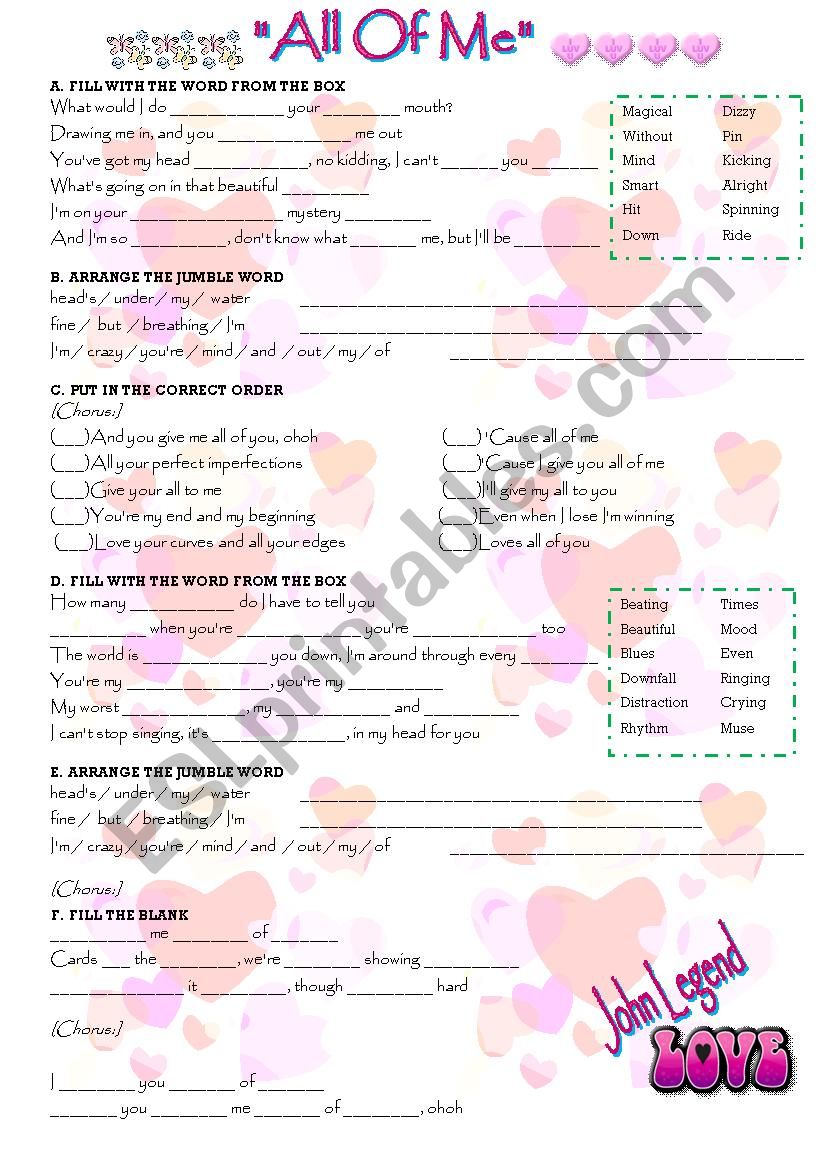 All of Me by John Legend worksheet