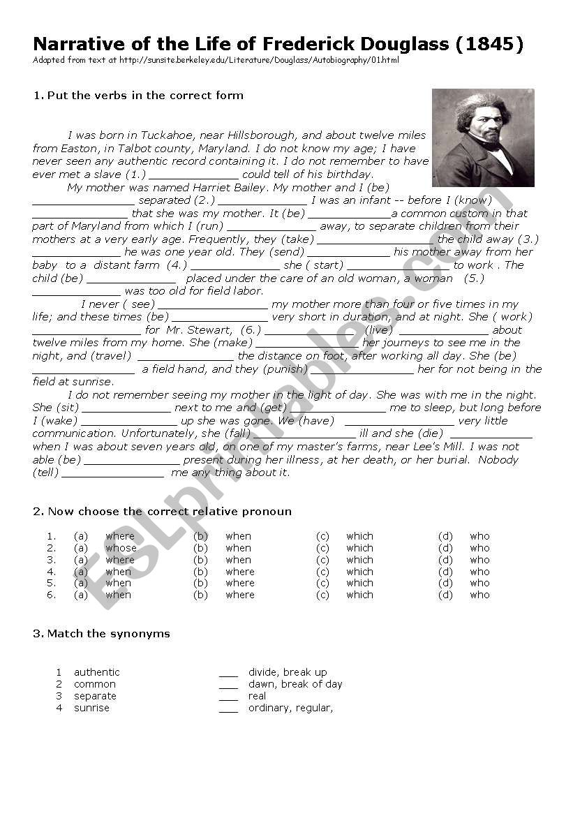 Slave Frederick Douglass worksheet