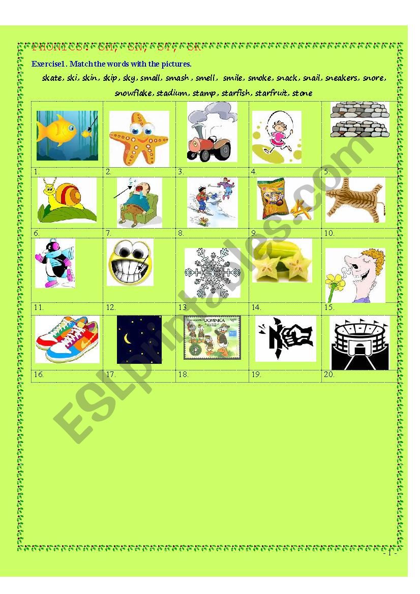 phonics: SM, SN, ST, SK worksheet