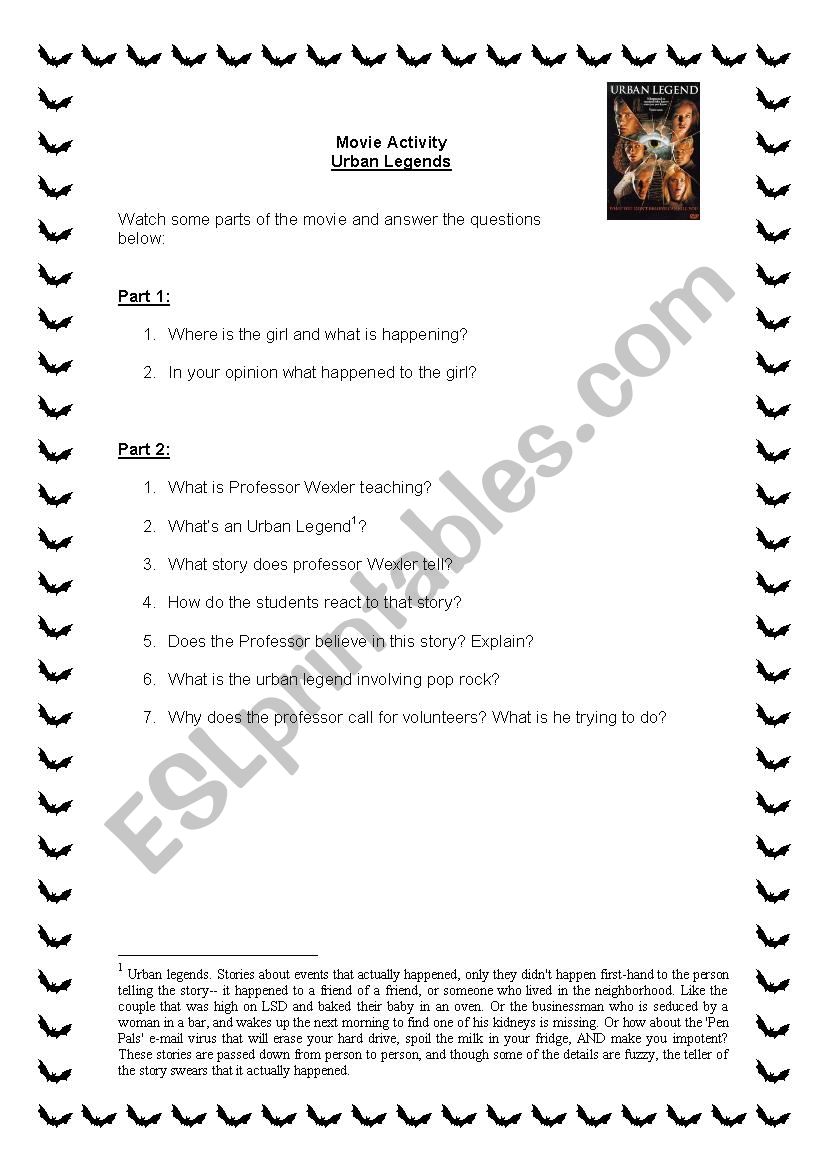 Urban Legend worksheet