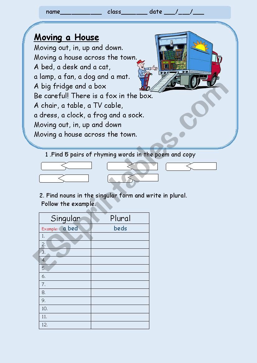 Moving out- a poem worksheet