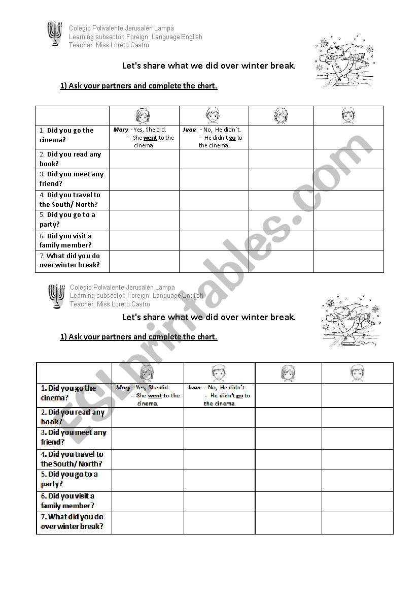 Winter break ( past simple) worksheet