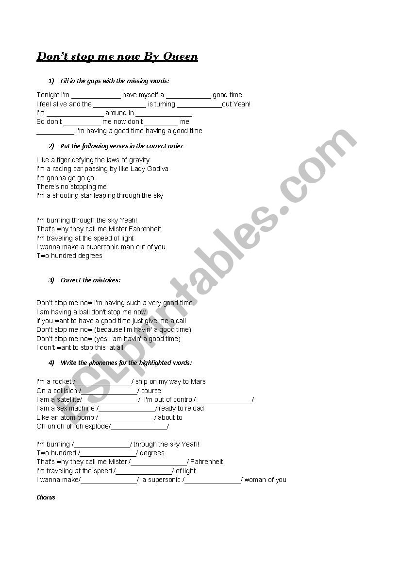 DonÂ´t stop me now by Queen worksheet