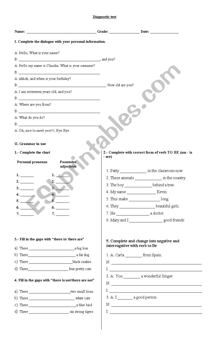 Diagnostic test worksheet