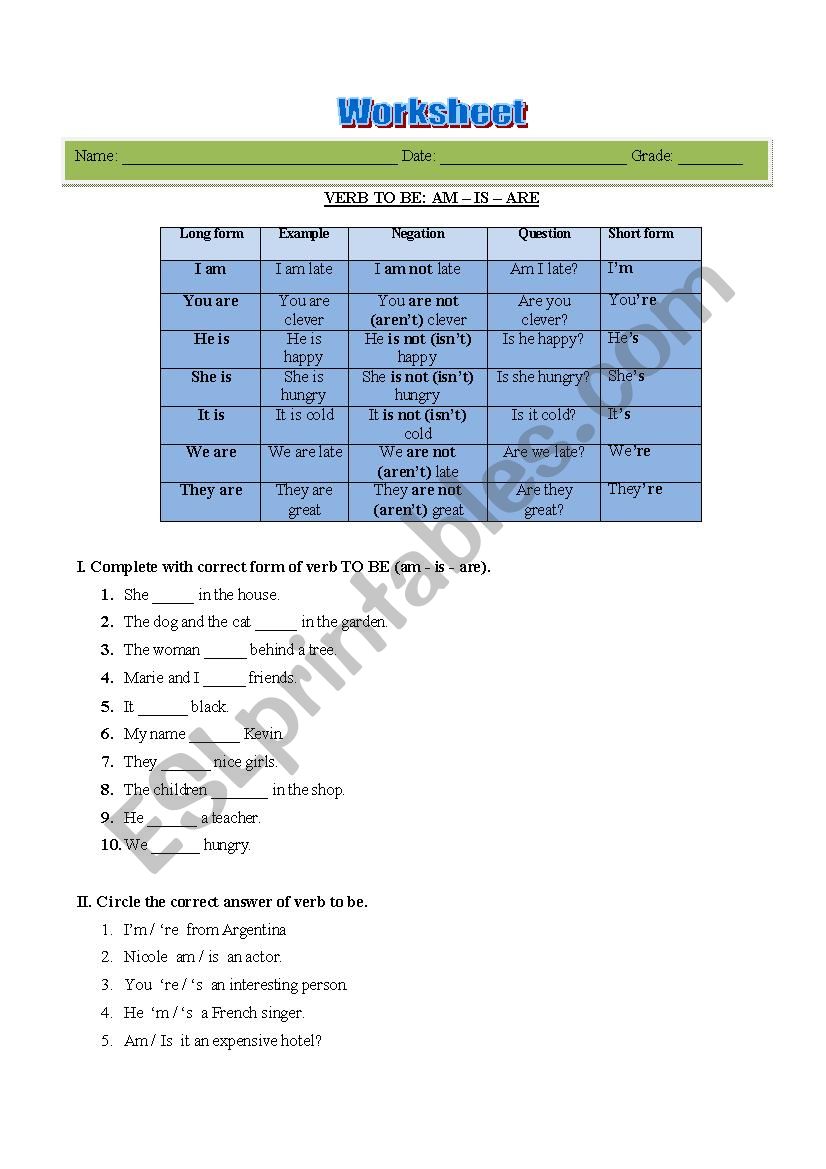 Verb to be  worksheet