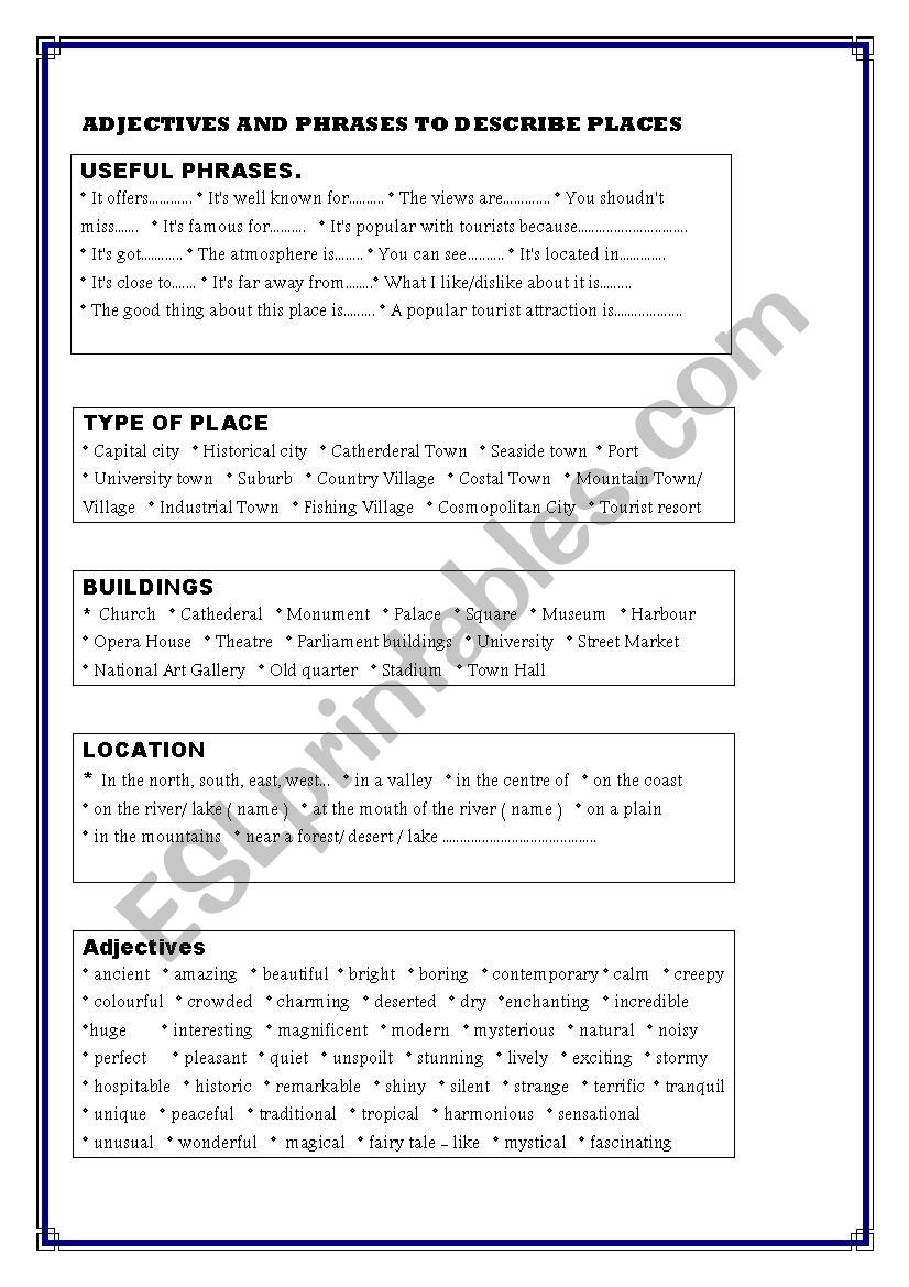 Adjectives and phrases to describe places