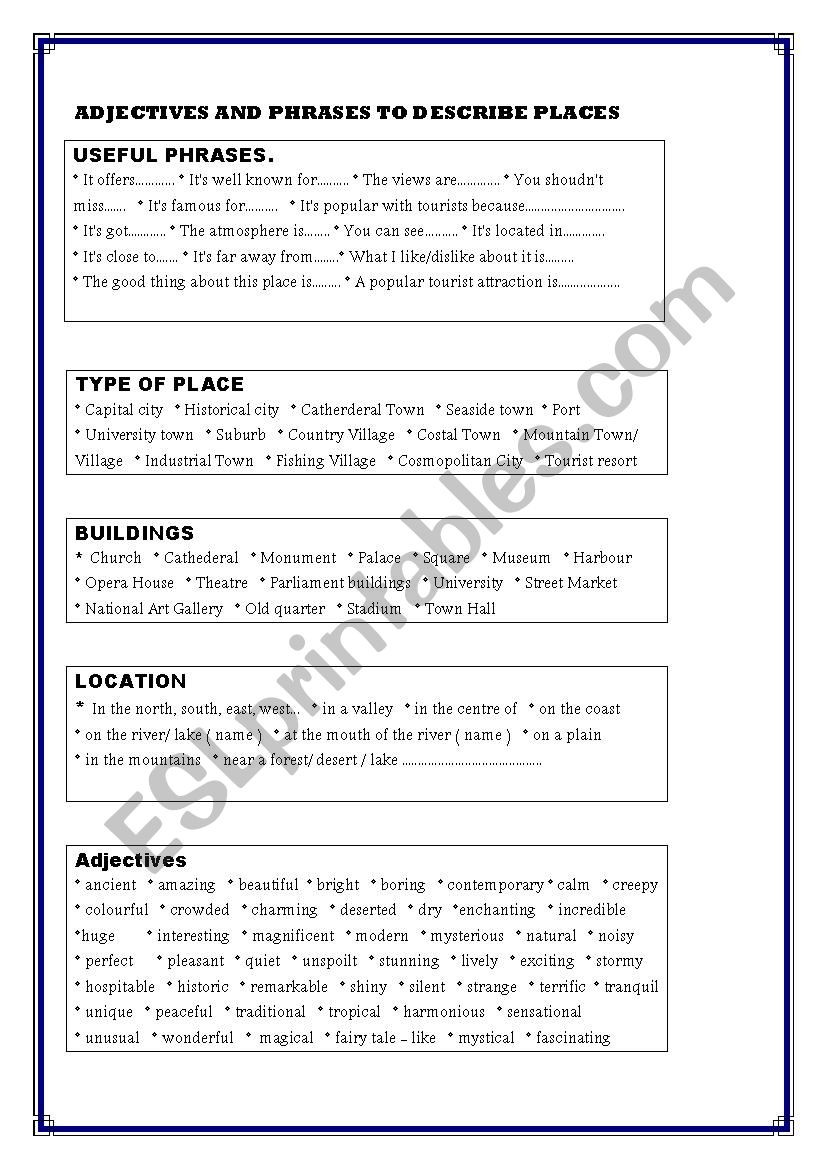 Adjectives and phrases to describe places