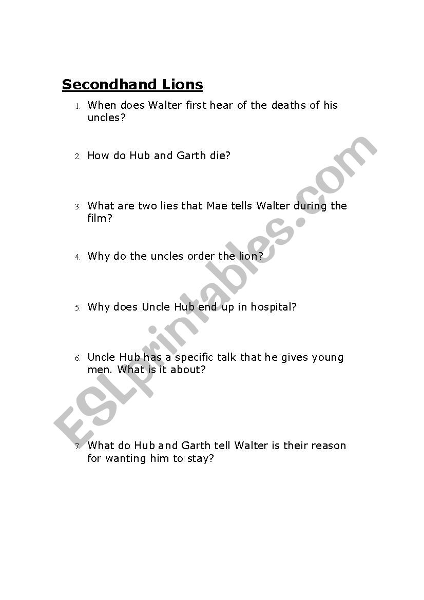 Secondhand Lions Movie Worksheet