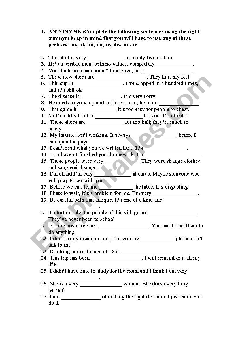 Antonyms worksheet