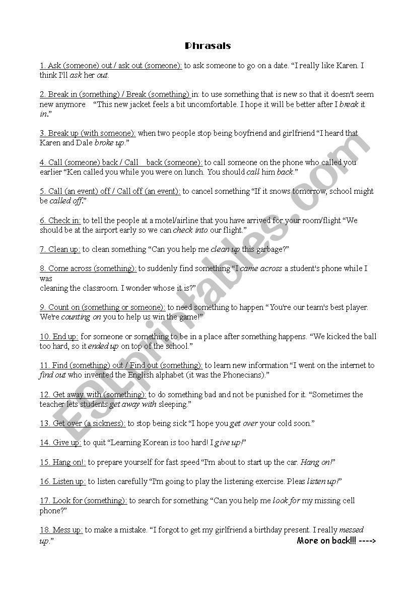 Phrasals Jeopardy handout worksheet
