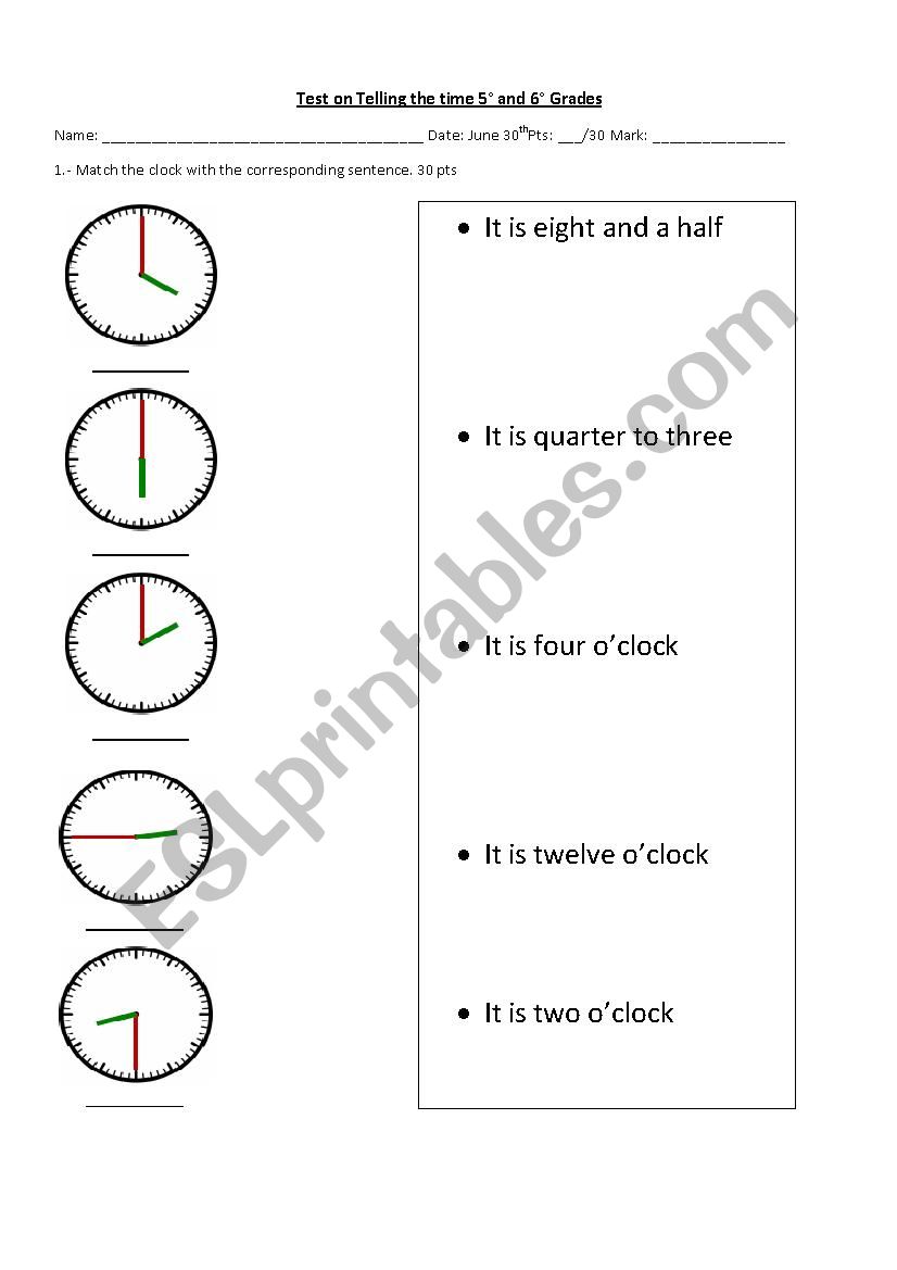 Telling the time Test worksheet