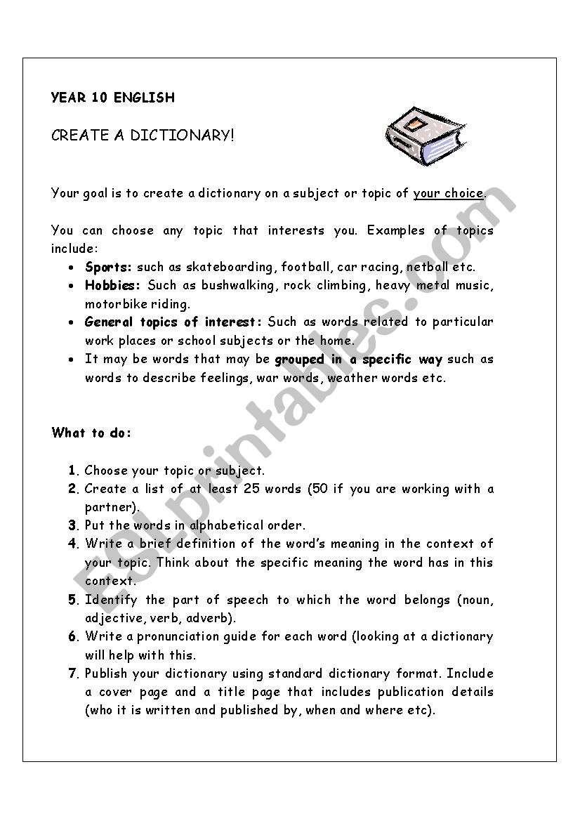 Create a dictionary worksheet