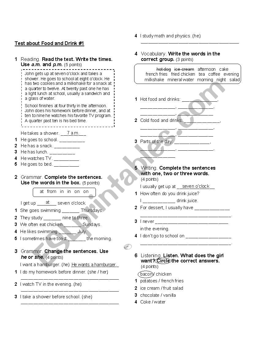 Test About Food and Drink worksheet