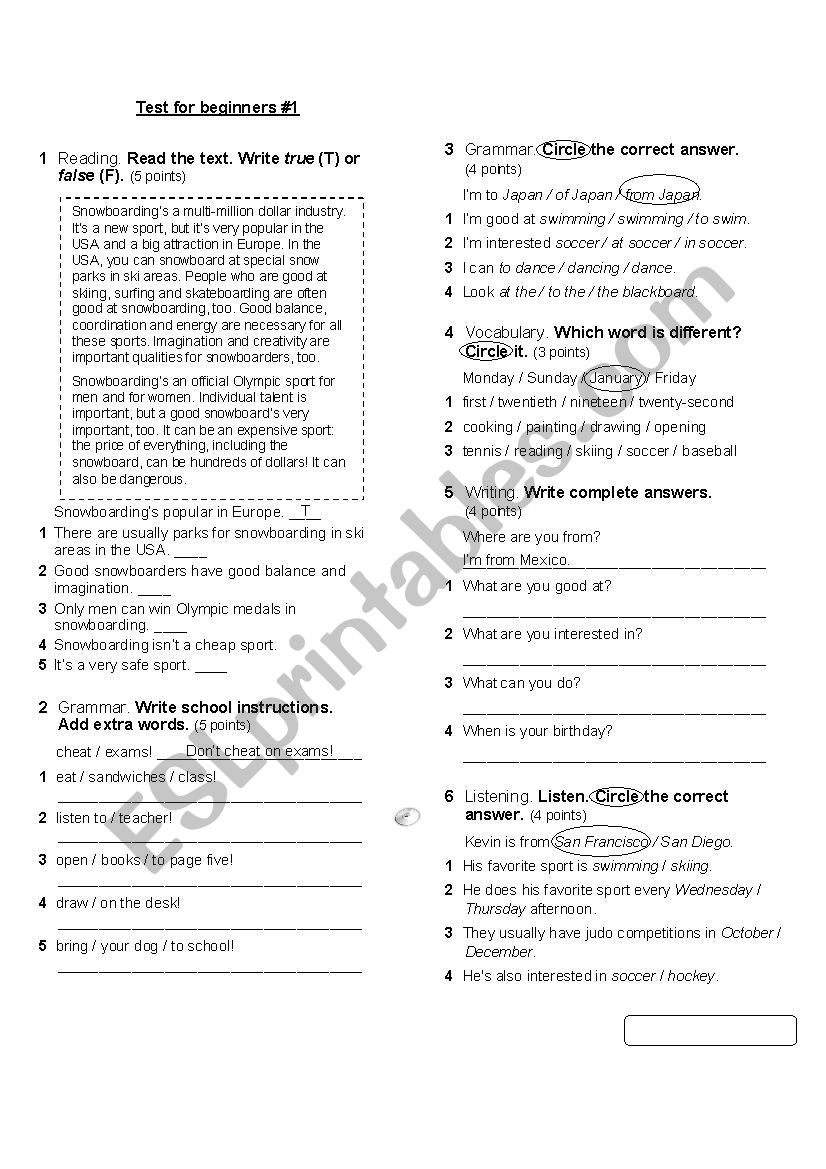 Sports Test worksheet