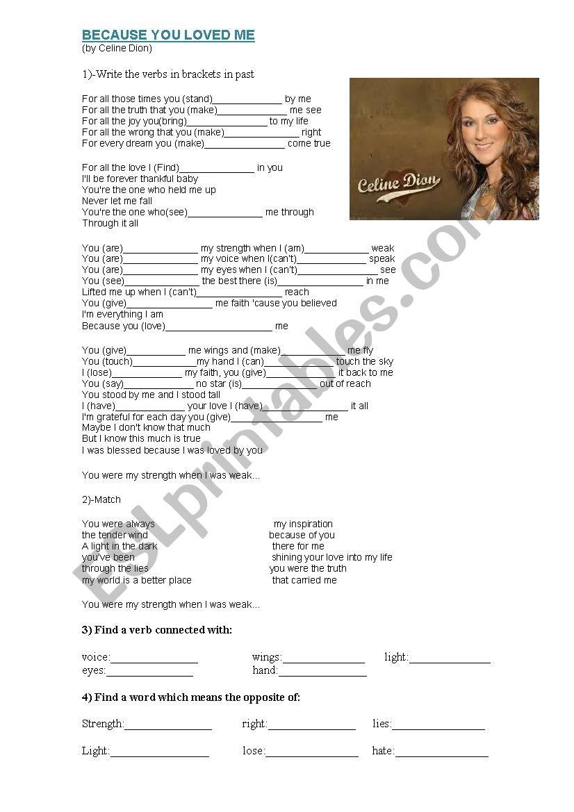 because you loved me worksheet