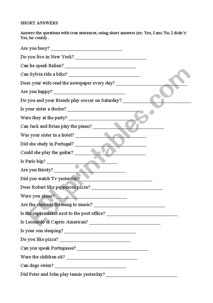 Short Answers worksheet