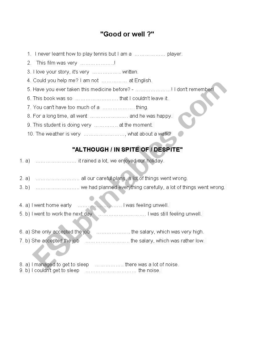 GOOD OR WELL worksheet