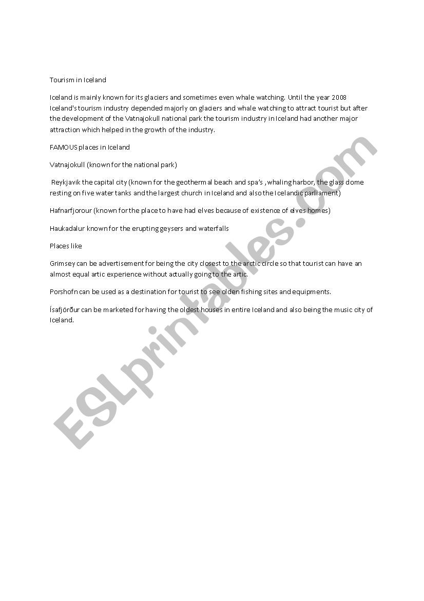 Tourism in Iceland worksheet