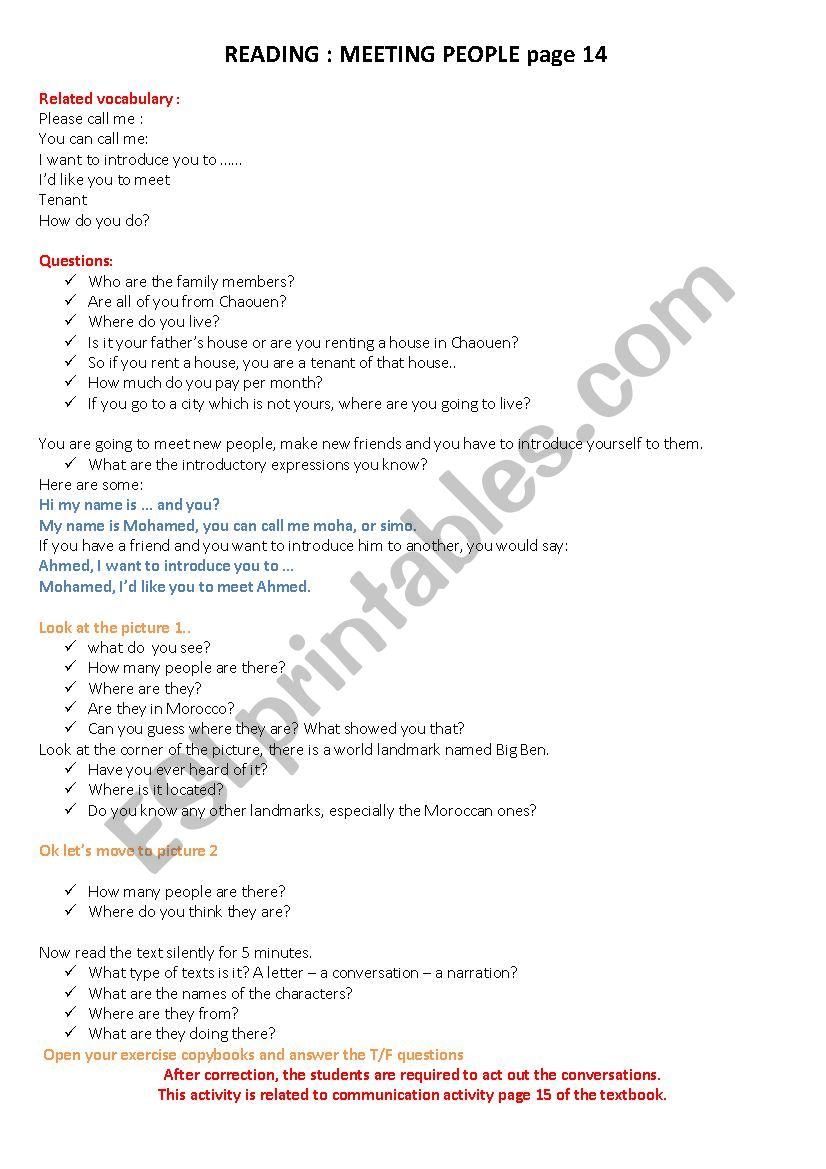  READING LESSON PLAN: MEETING PEOPLE page 14 VISA TO THE WORLD TEXTBOOK