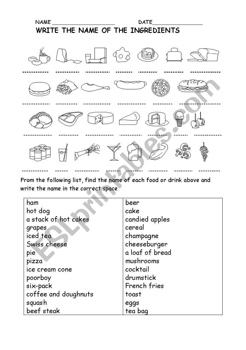 FOOD INGREDIENTS worksheet