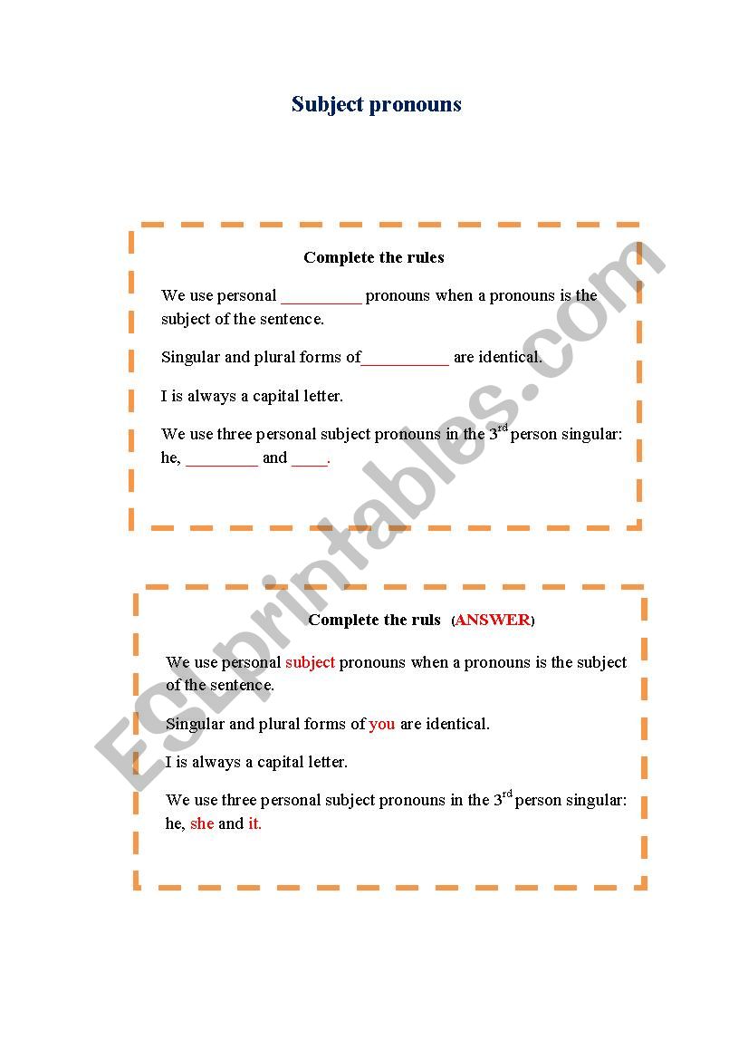 Subject pronouns  worksheet