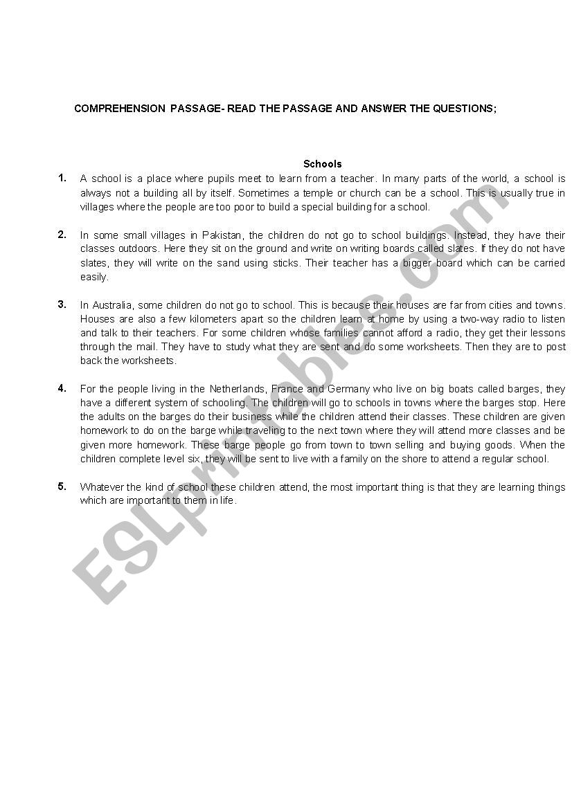 COMPREHENSION PASSAGE worksheet