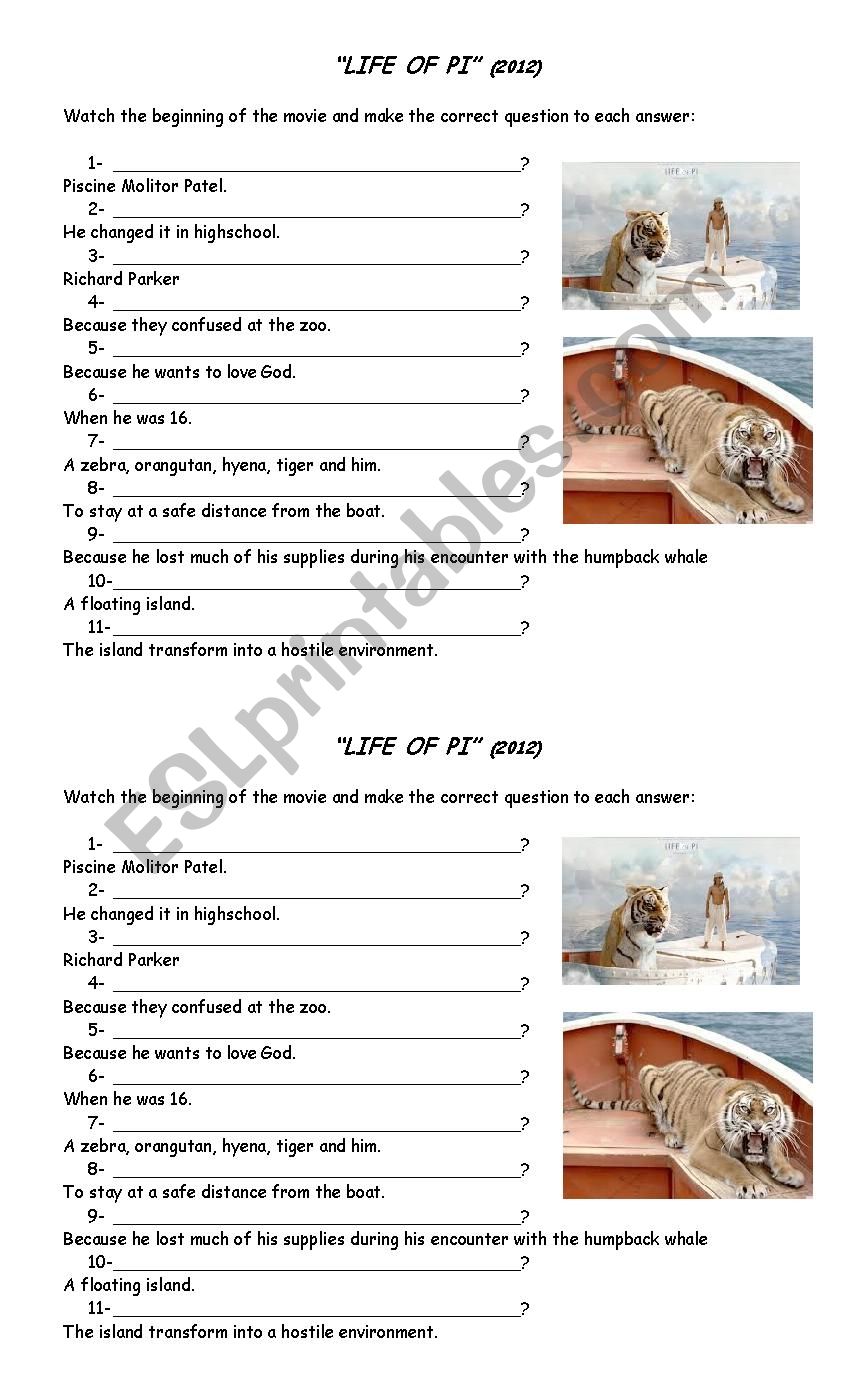 Life of Pi  worksheet