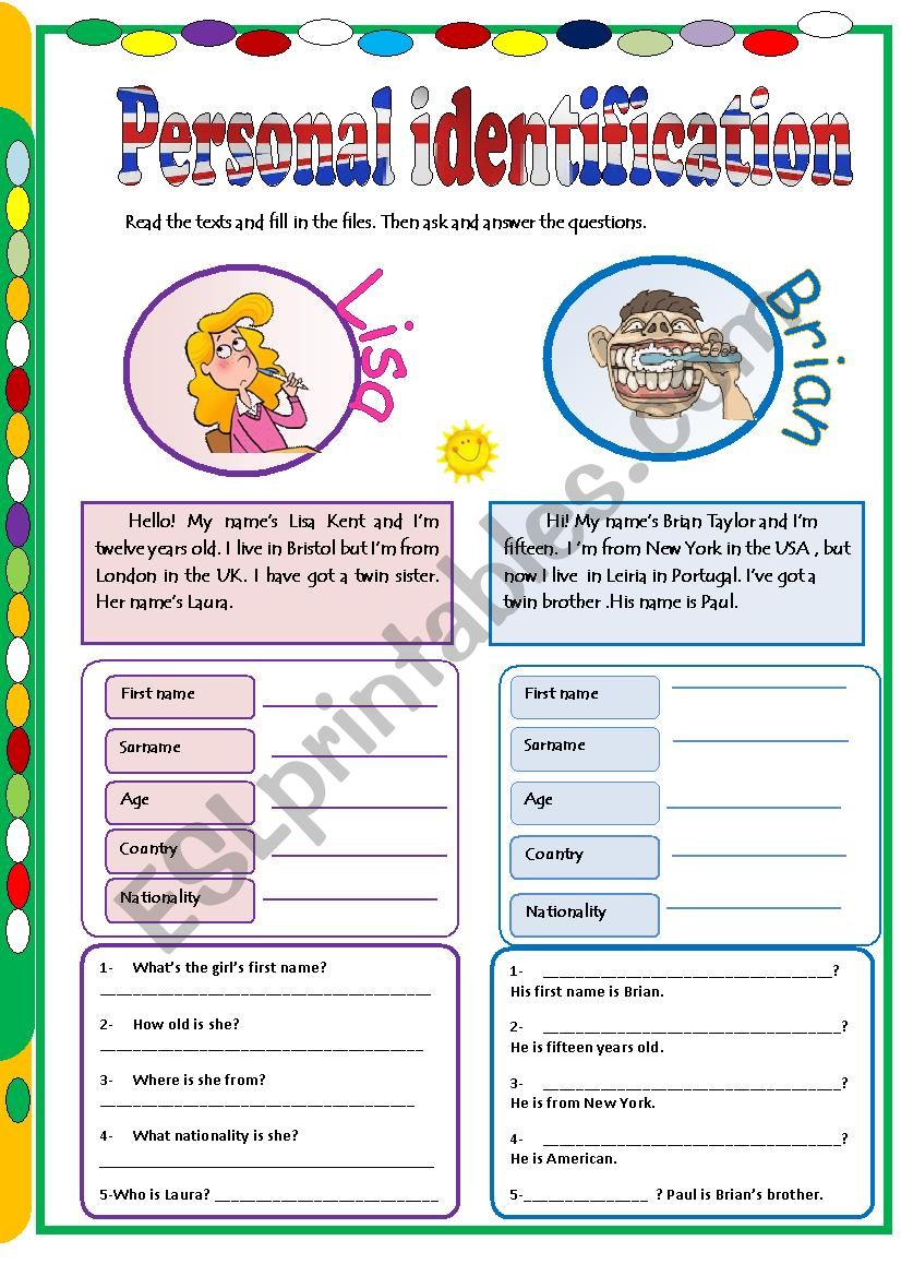 Personal identification worksheet