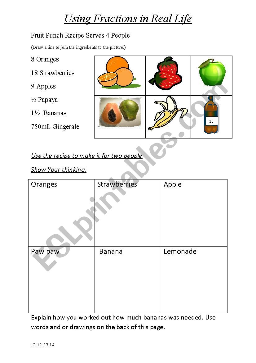 Using Fractions in Real Life worksheet