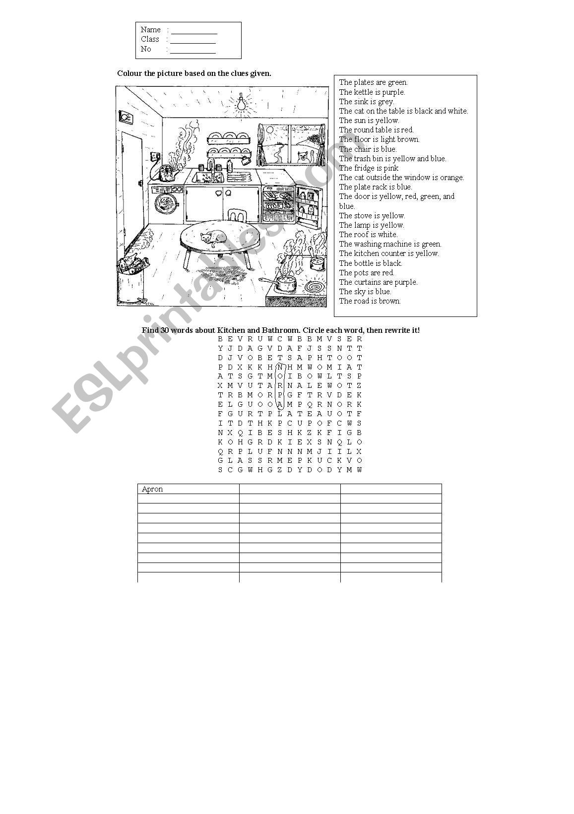 Things in the kitchen and bathroom -- coloring and wordsearch 