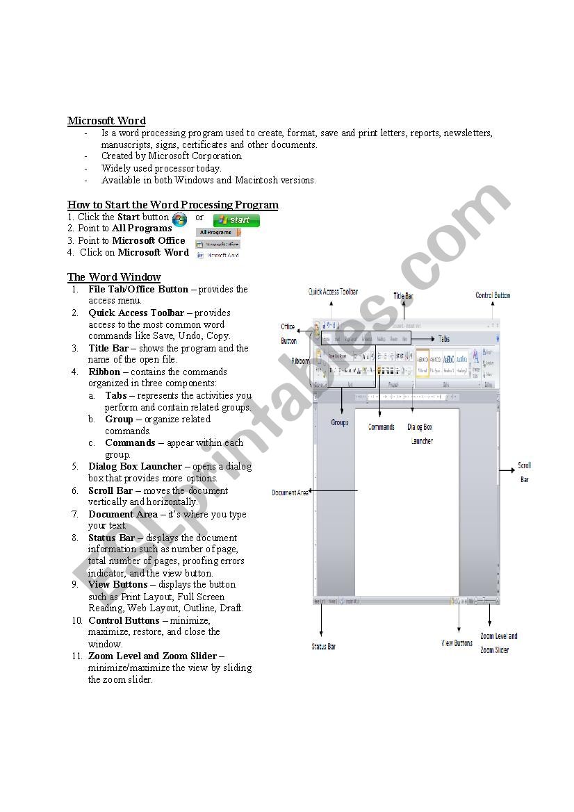 ms word interface worksheet