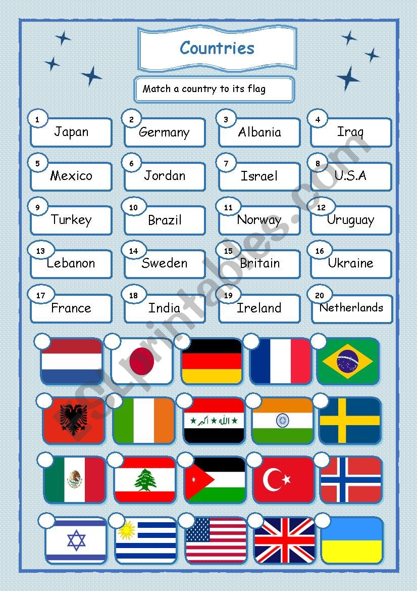 Countries and flags worksheet